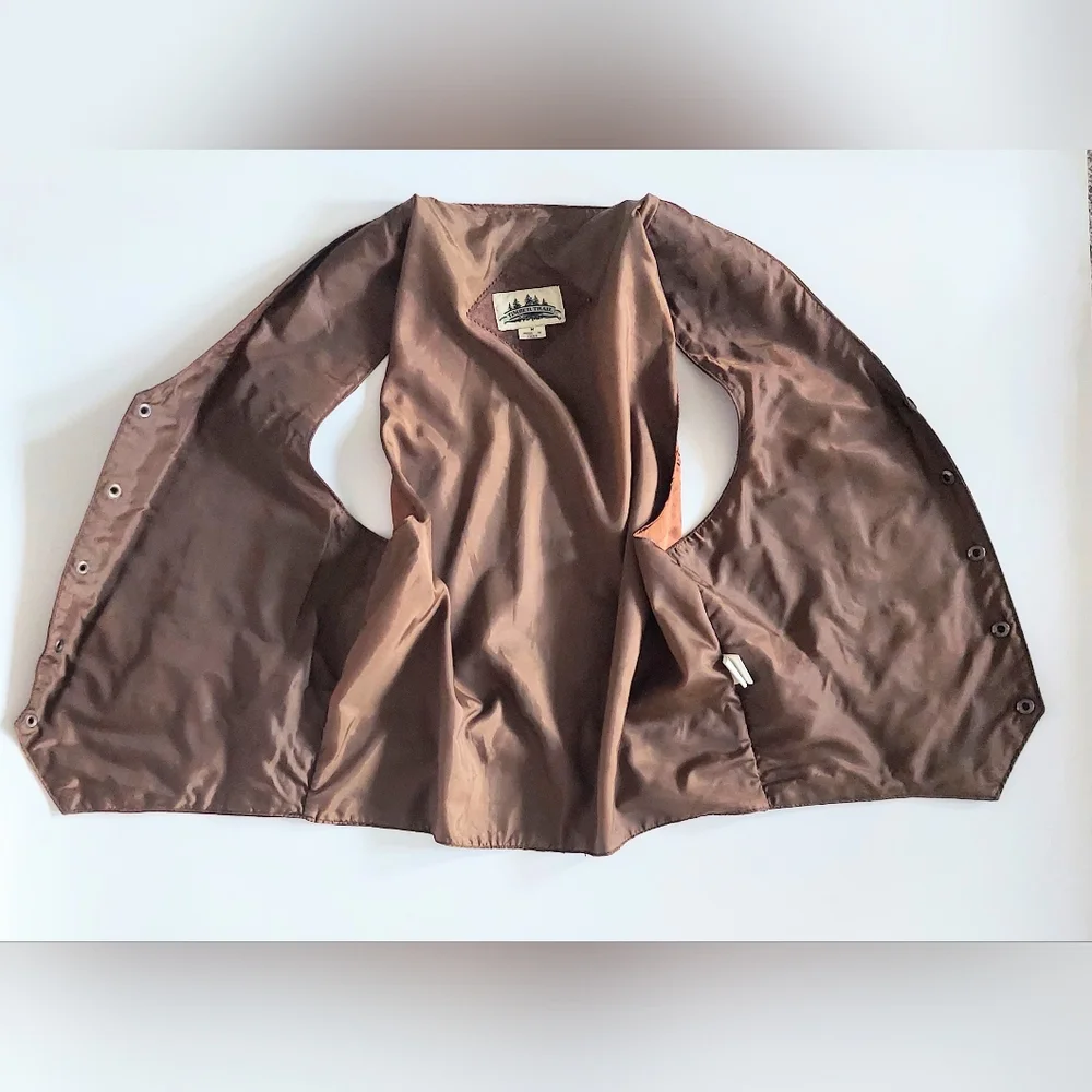 Timber Trail Snap Front Leather Vest Lined Back Nylon Mens Medium Brown